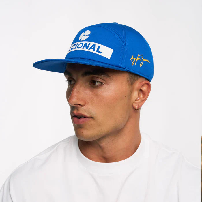 Ayrton Senna cap, Nacional, original 1984, with fabric hard case, blue